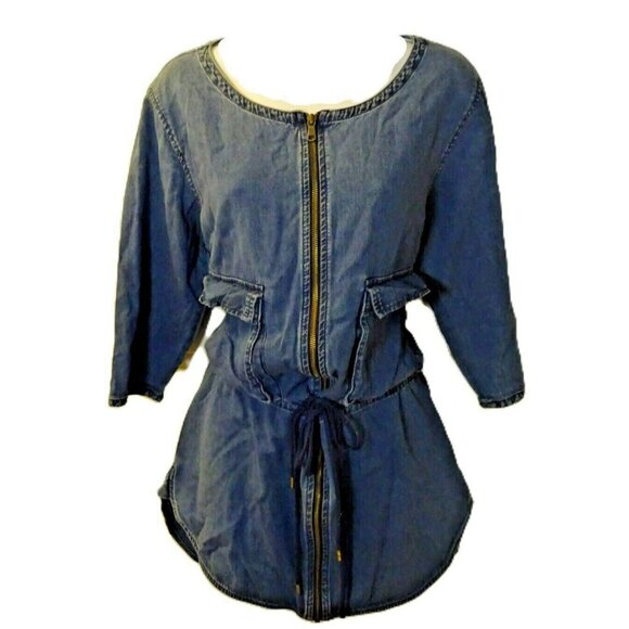 Marc by Marc Jacobs Medium Denim 3/4 Sleeve Zipper Front Drawstring Waist Dress - Picture 1 of 10